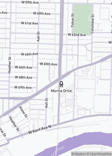 Map of South Vancouver, centred on Marine Landing Notary Public's location at the northwest corner of the intersection of SW Marine Drive and Cambie Street.