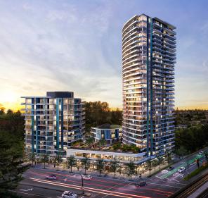 A modern building constructed of glass and concrete. It has two towers: a smaller one on the left and a larger one on the right, which are connected by a low-rise section with a rooftop garden. The building is at the corner of two major roads.